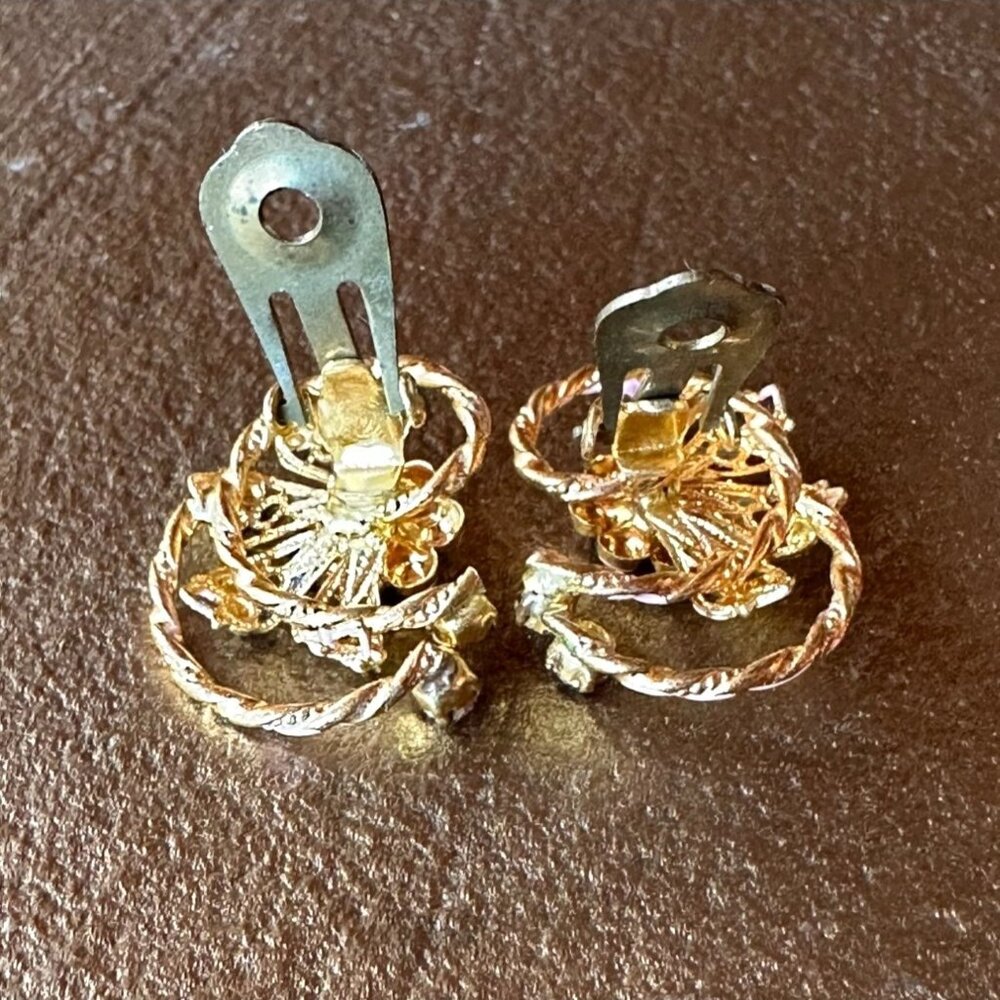 Vintage Pink & Gold Clip-On Earrings Rhinestone & Enamel Floral Made In Austria - Picture 10 of 10